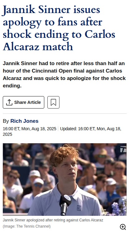 Sinner's Apology After Alcaraz Rivalry Ends Early