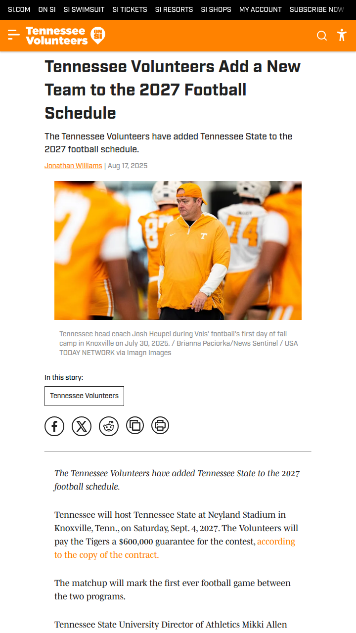 Vols set for historic showdown with Tennessee State