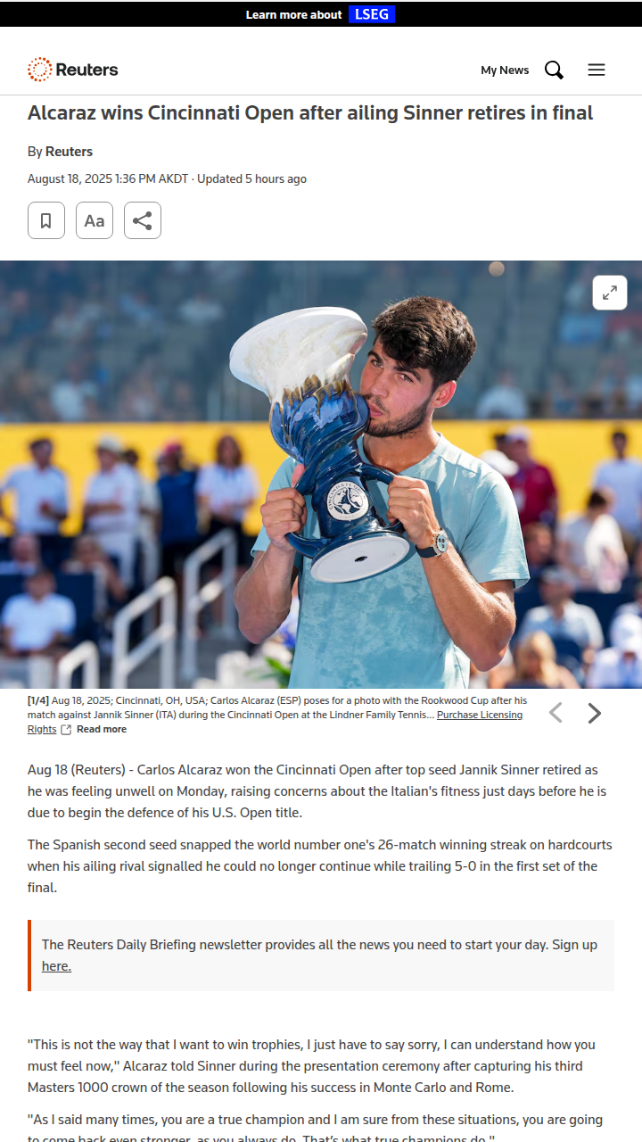 Alcaraz Clinches Cincinnati as Sinner Retires