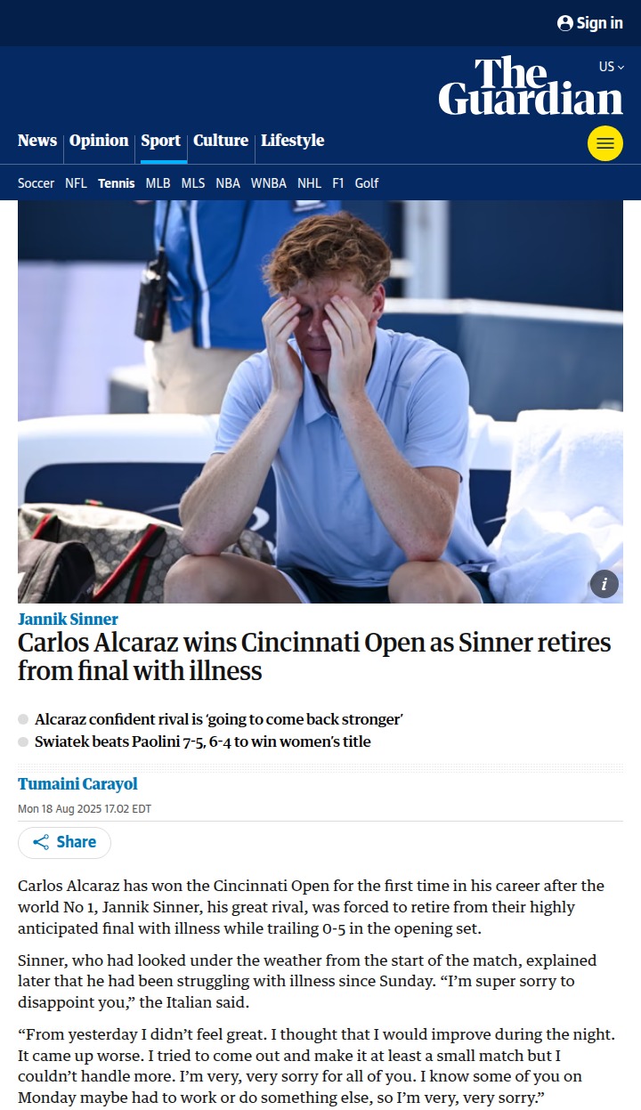 Alcaraz Clinches Cincinnati as Sinner Retires