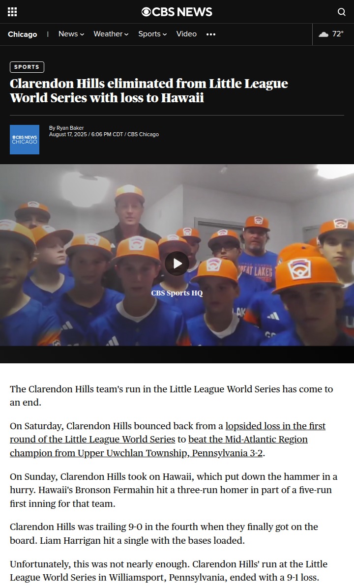 LLWS: Clarendon Hills’ Dream Ends vs Hawaii