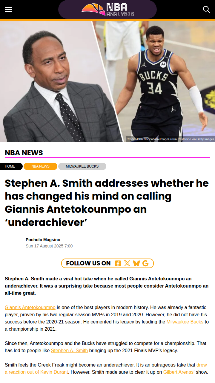 Stephen A. Doubles Down on Greek Freak Take