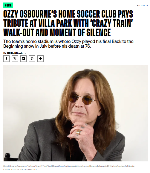 Aston Villa honors Ozzy Osbourne in epic tribute