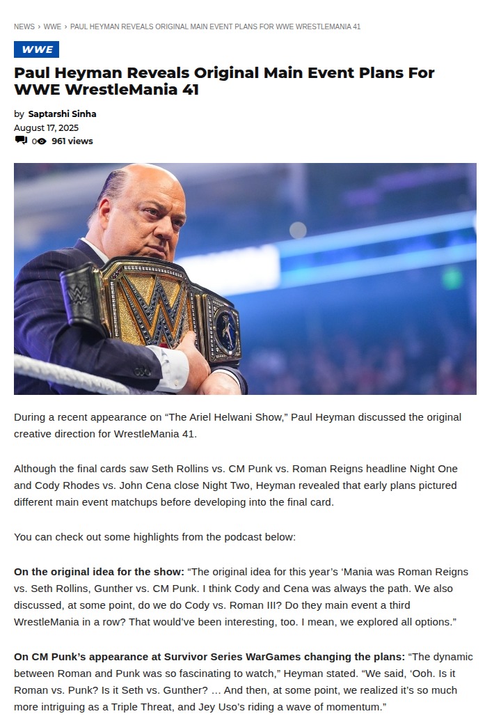 Heyman Spills on WrestleMania 41 Main Event Shakeup