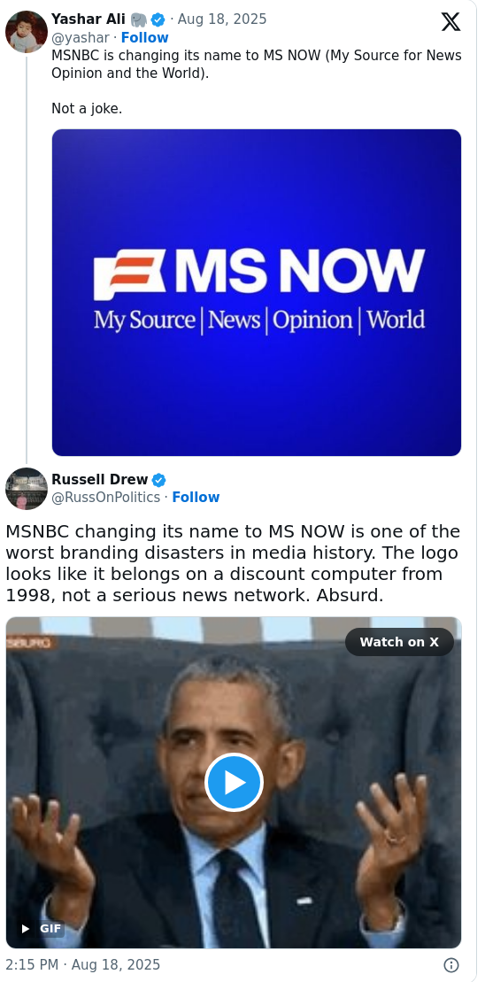 MSNBC变MS NOW引发网友狂嘲😂