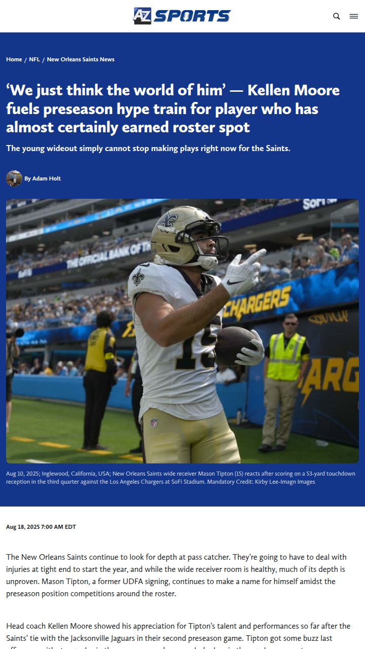 Mason Tipton shines in Saints preseason