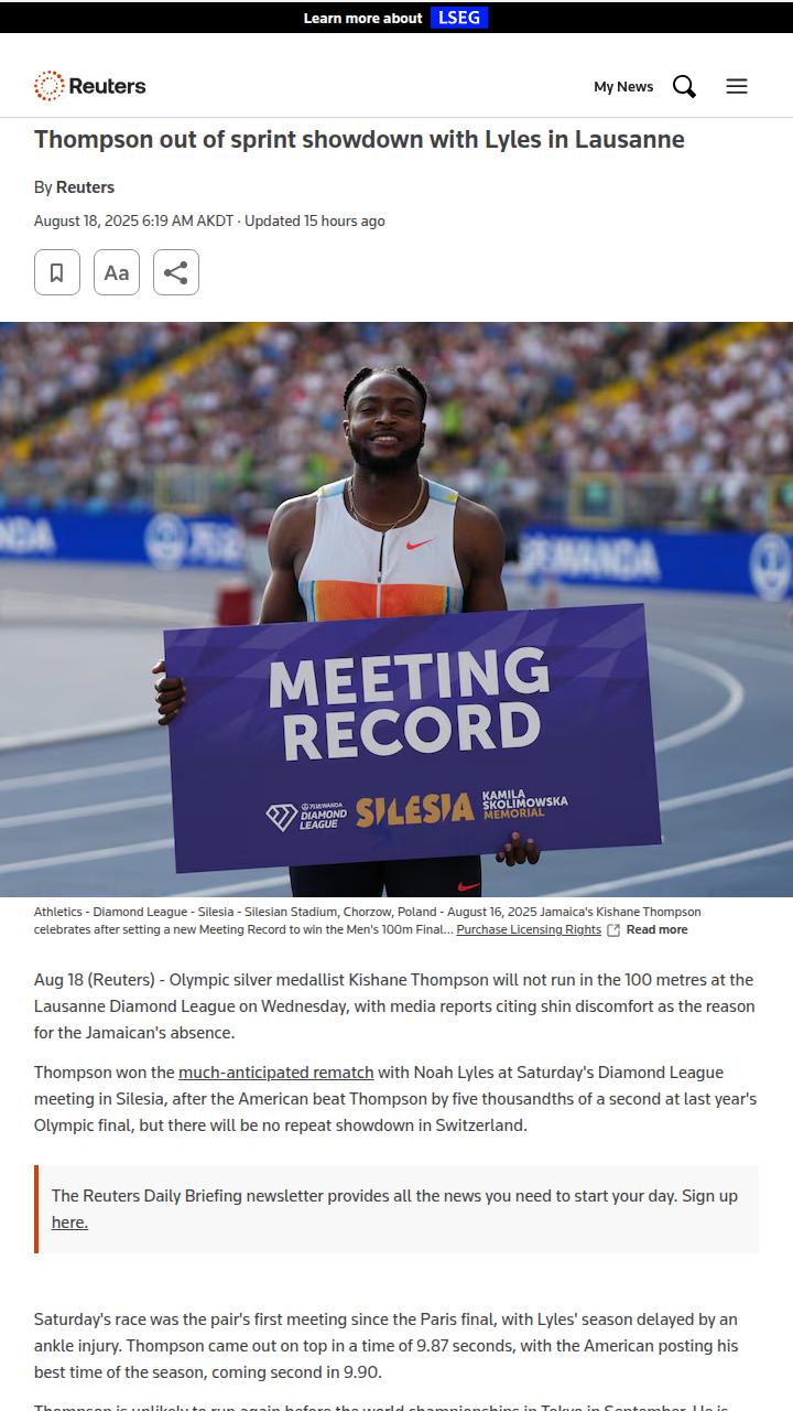 Lyles Misses Thompson Rematch in Lausanne