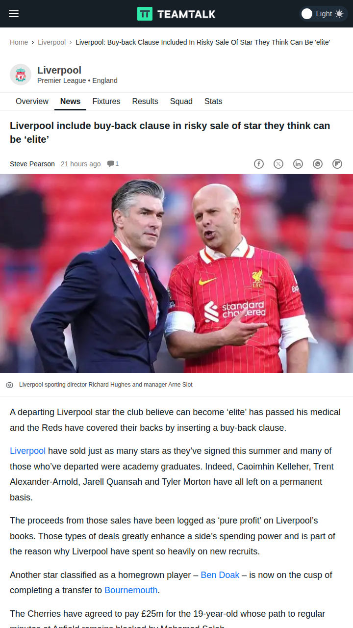 Liverpool’s Buy-Back Move: Doak to Bournemouth