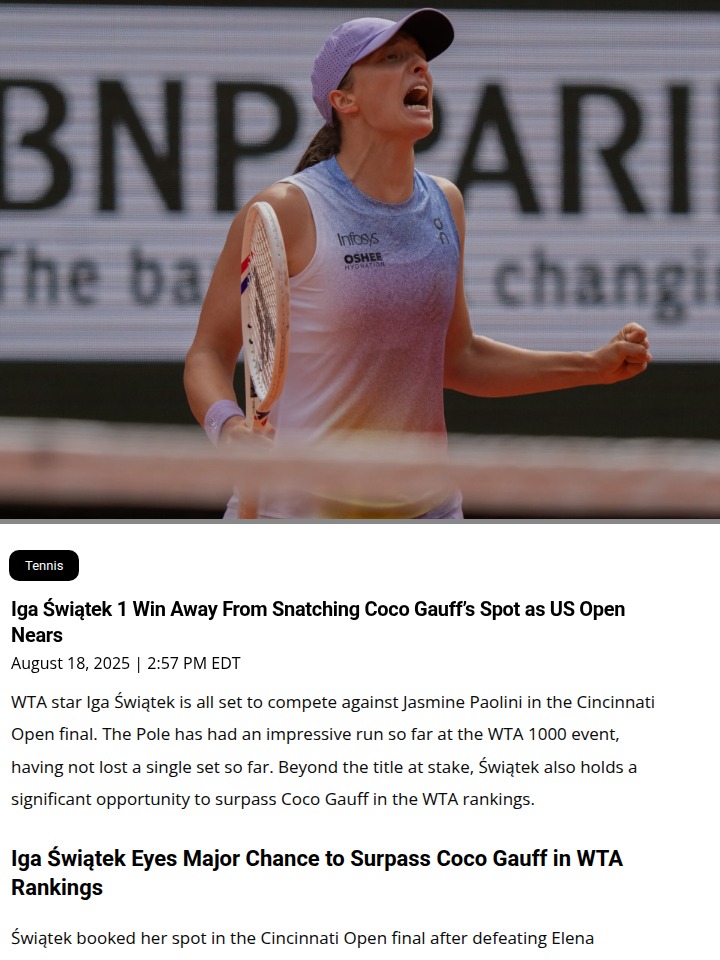 Iga Świątek Eyes Gauff’s No.2 Spot at Cincy