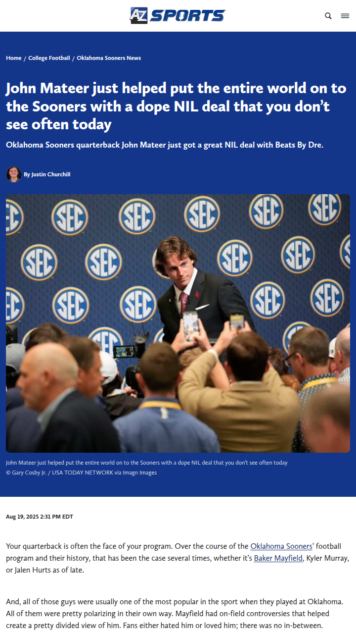 Mateer’s Beats NIL Deal Puts Sooners on the Map