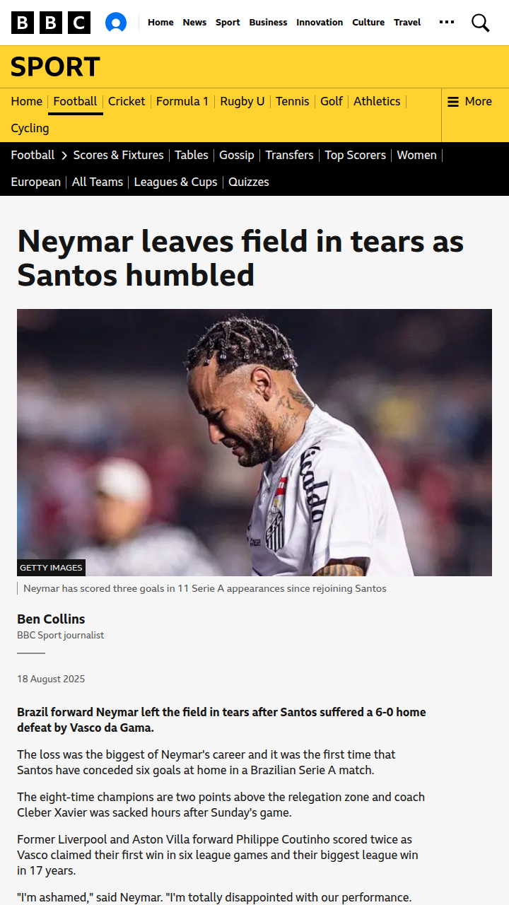 Neymar’s Tears: Santos Hit Rock Bottom