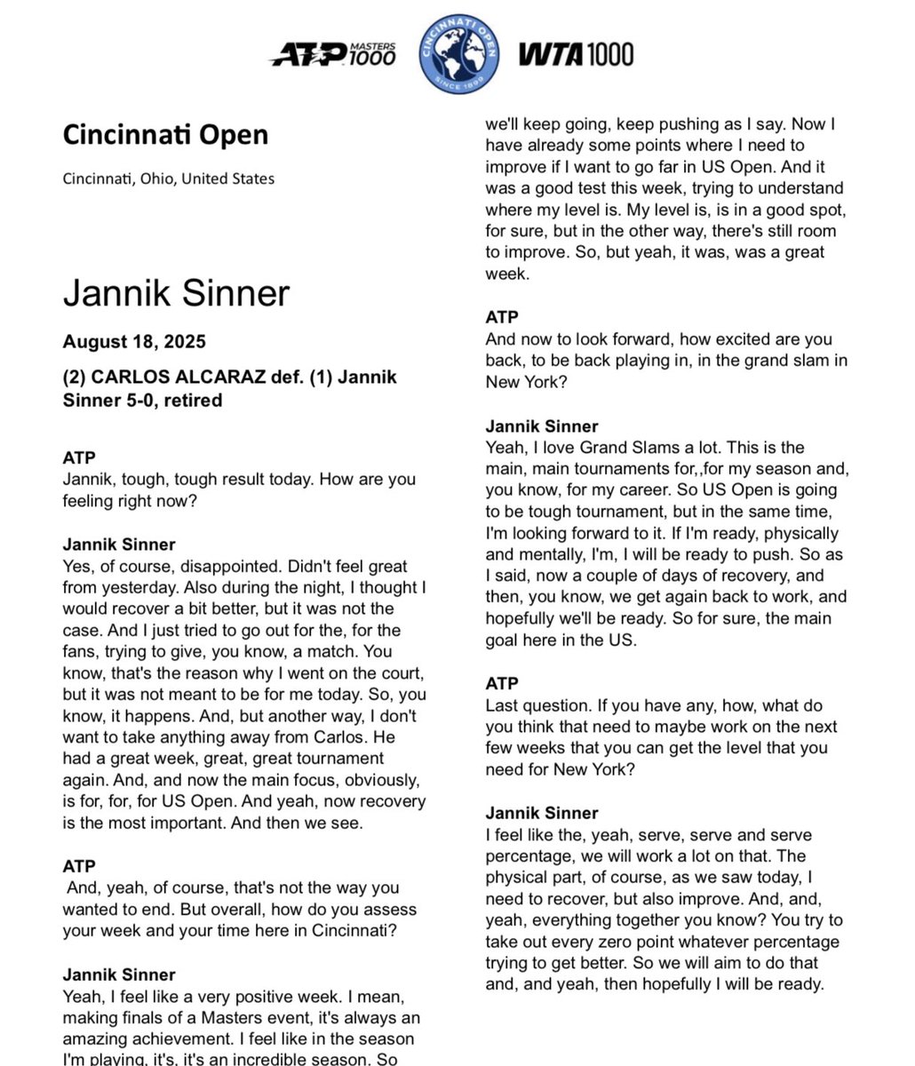 Sinner’s tough call at Cincinnati Open final