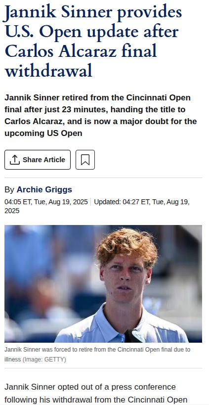 Sinner’s US Open Status: Will the Italian Ace Recover in Time?