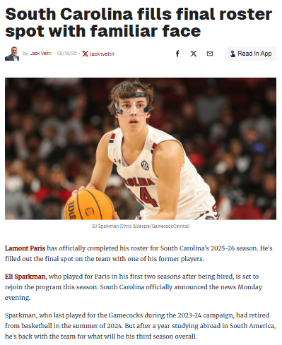 Sparkman returns to Gamecocks for another run