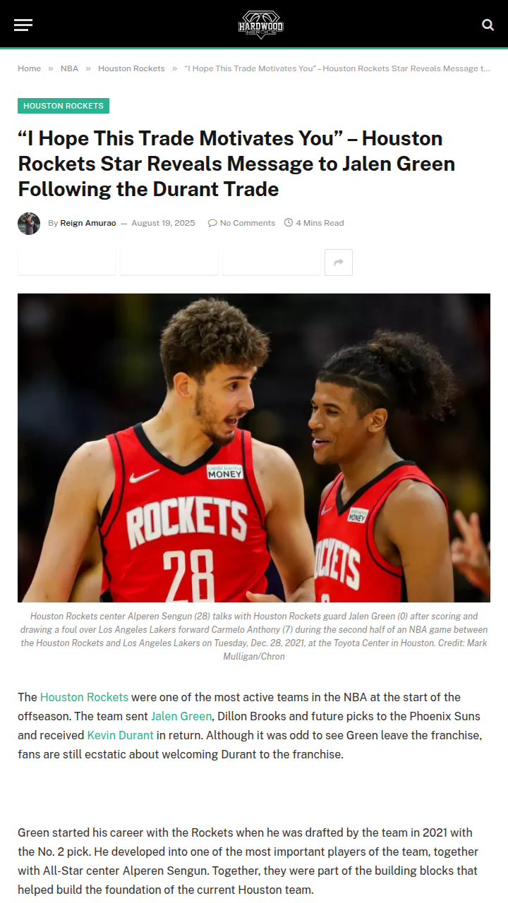 Durant joins Rockets, but Sengun’s heart stays with Green