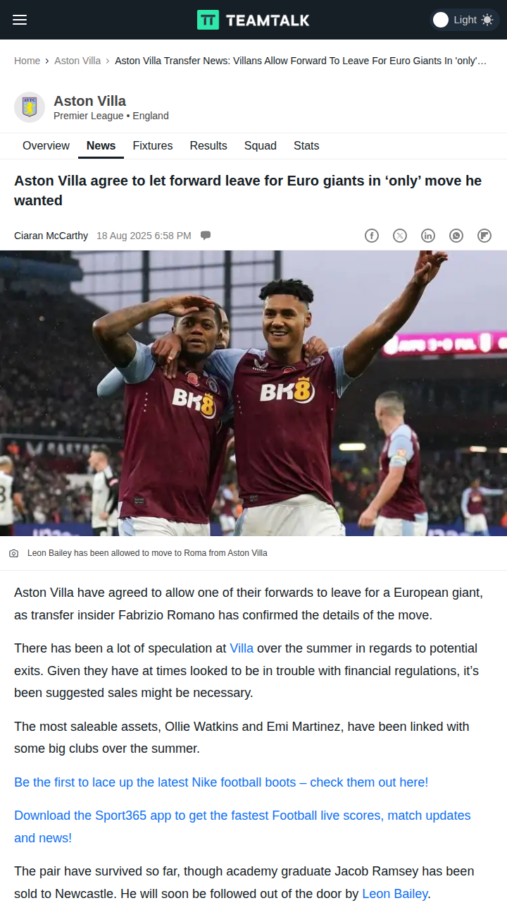 Bailey to Roma: Villa’s Big Summer Move!