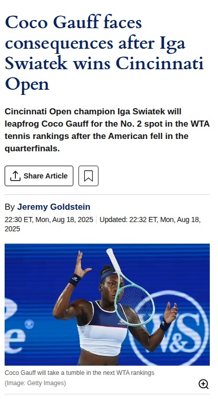 Swiatek Overtakes Gauff in Cincinnati Open Shakeup
