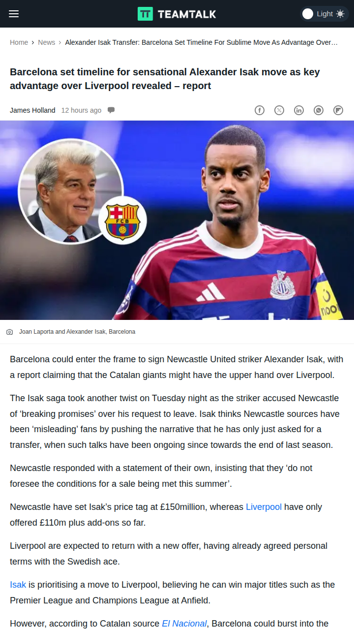 Barça Eyes Isak as Lewy Successor—Liverpool Blocked?