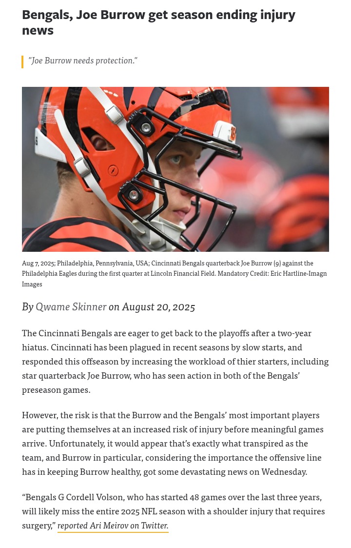 Bengals face major setback as Volson out