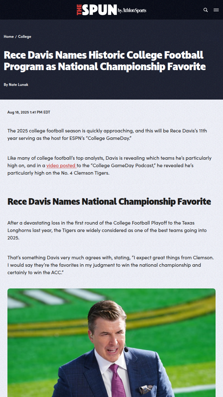 Rece Davis Crowns Clemson as Title Favorites