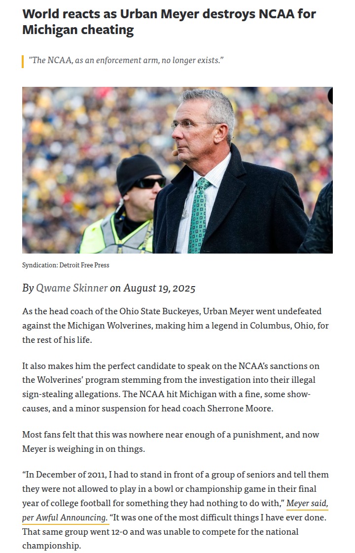 Urban Meyer Calls Out NCAA Over Michigan Punishment