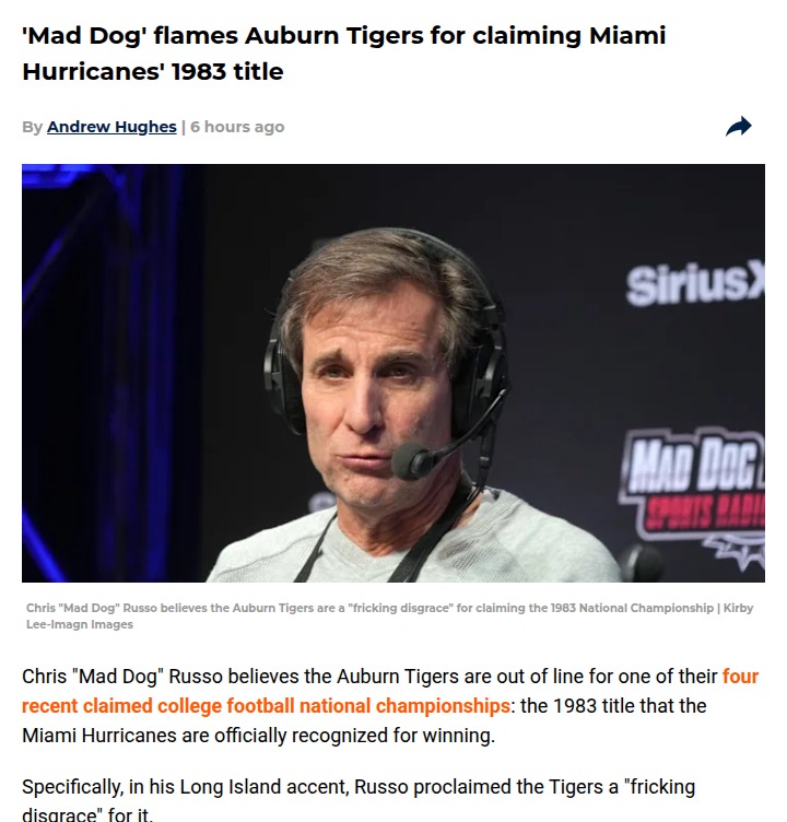 Auburn's 1983 Title Claim Sparks Mad Dog Rant