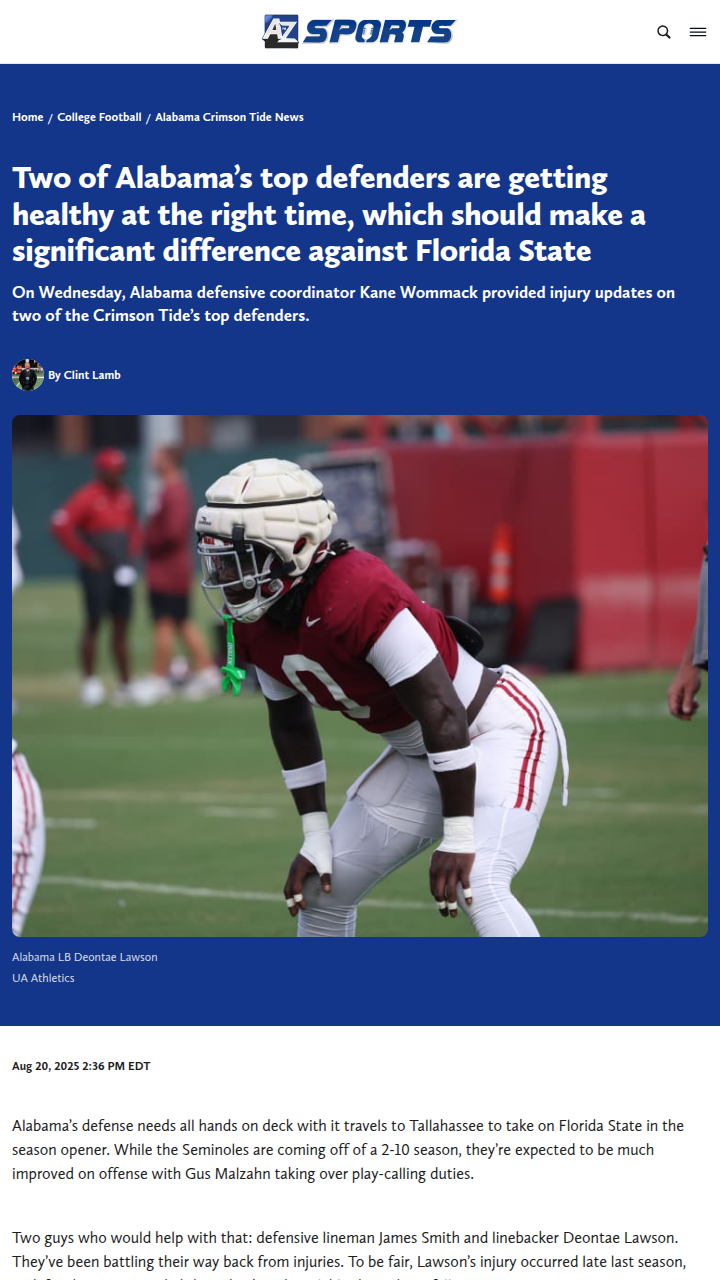 Alabama’s defense gets a big boost for FSU opener