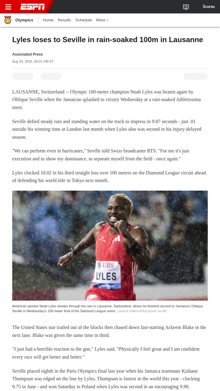Seville Outpaces Lyles Again in Rainy Showdown