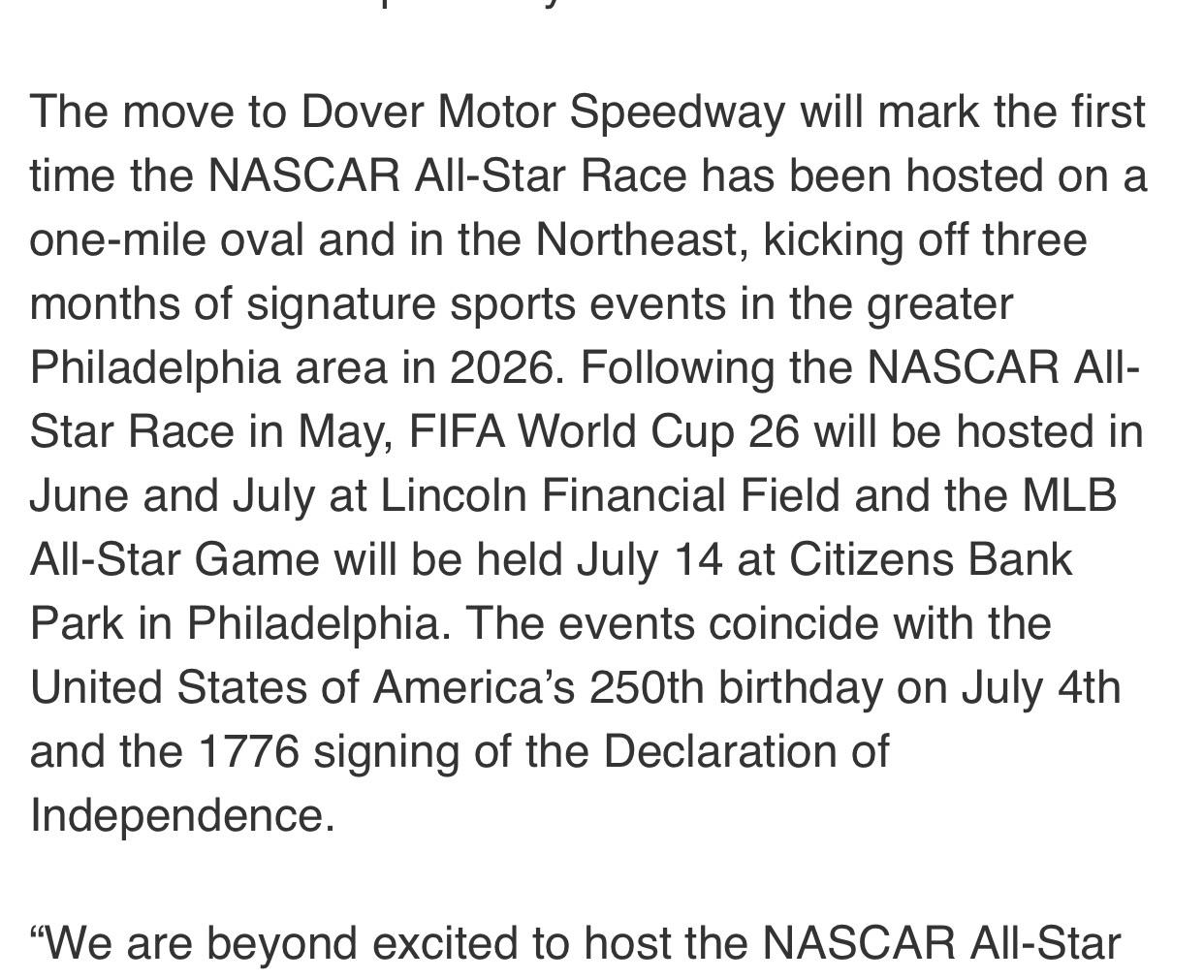 I see the reason why they moved the nascar race to Dover but I still don’t like the idea