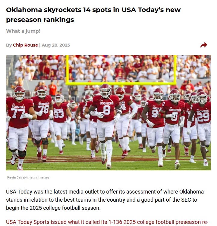 Sooners Soar: OU Jumps 14 Spots in Preseason Poll