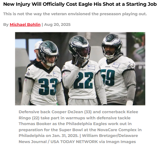 Eagles’ Kelee Ringo sidelined by injury setback