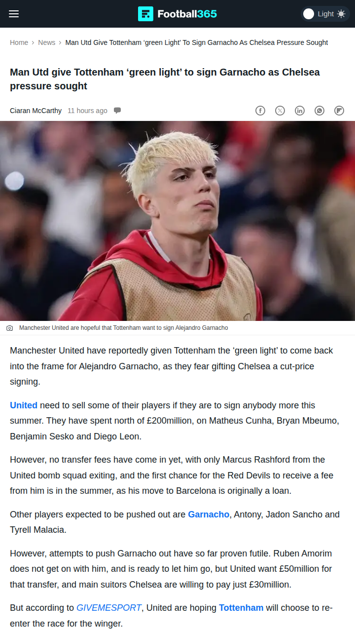 Spurs Back in for Garnacho? United’s Transfer Gamble