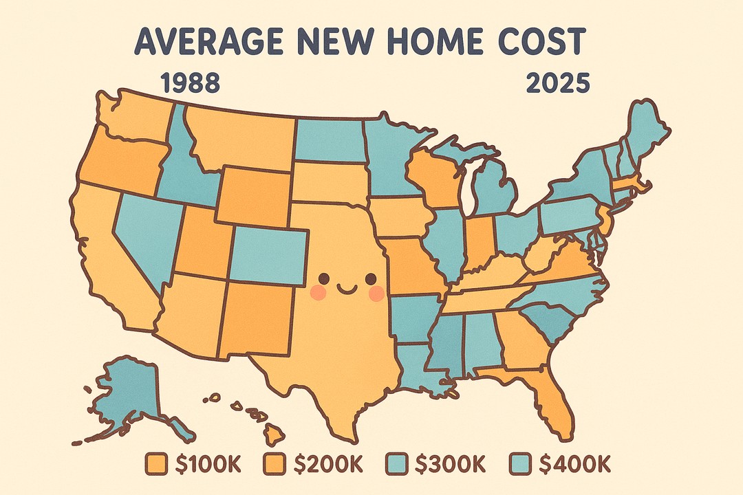 a map of the United States showing the average new home cost per state in 1988 and 2025