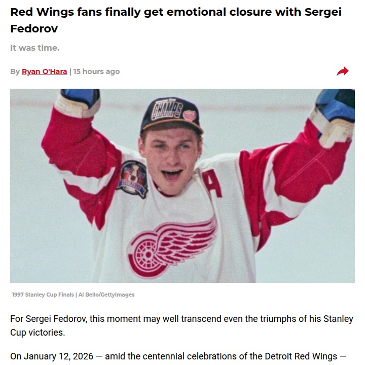 Fedorov’s No. 91 finally gets its place in Detroit