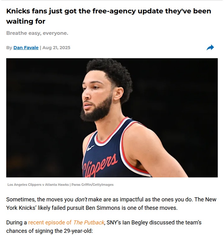 Why the Knicks dodging Ben Simmons is a win