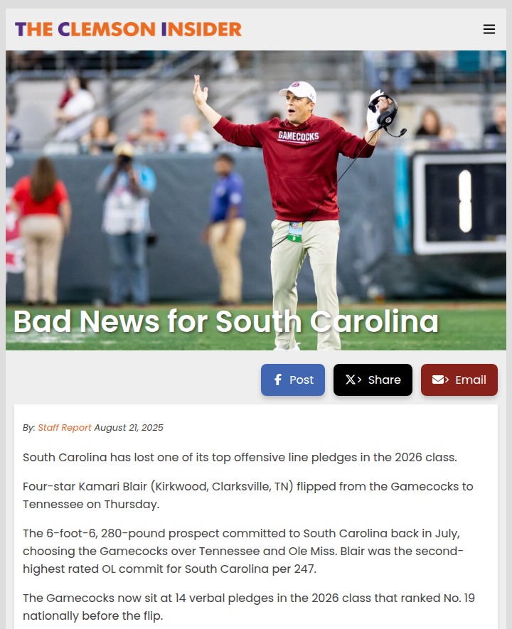 Top recruit flips from Gamecocks to Tennessee