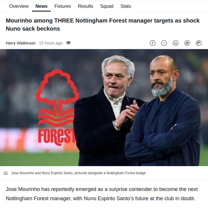 Mourinho linked to Forest as Nuno faces exit