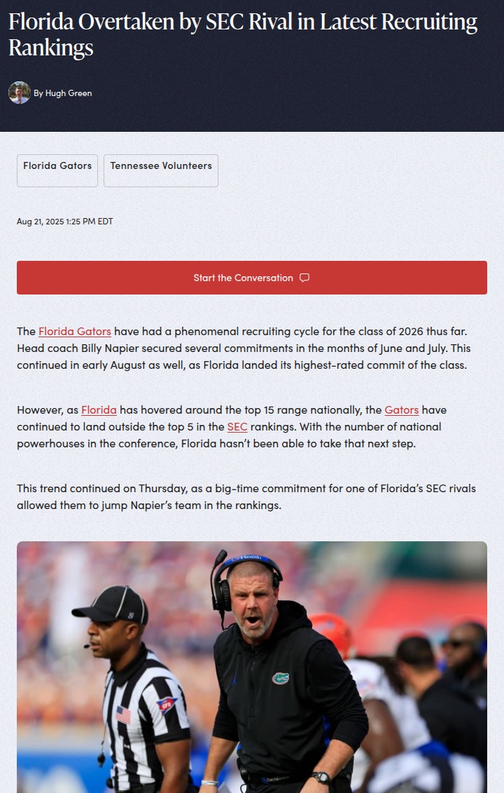 Tennessee jumps Florida in SEC recruiting race