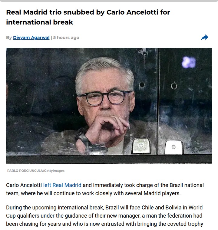 Ancelotti Benches Madrid Trio for Brazil Duty