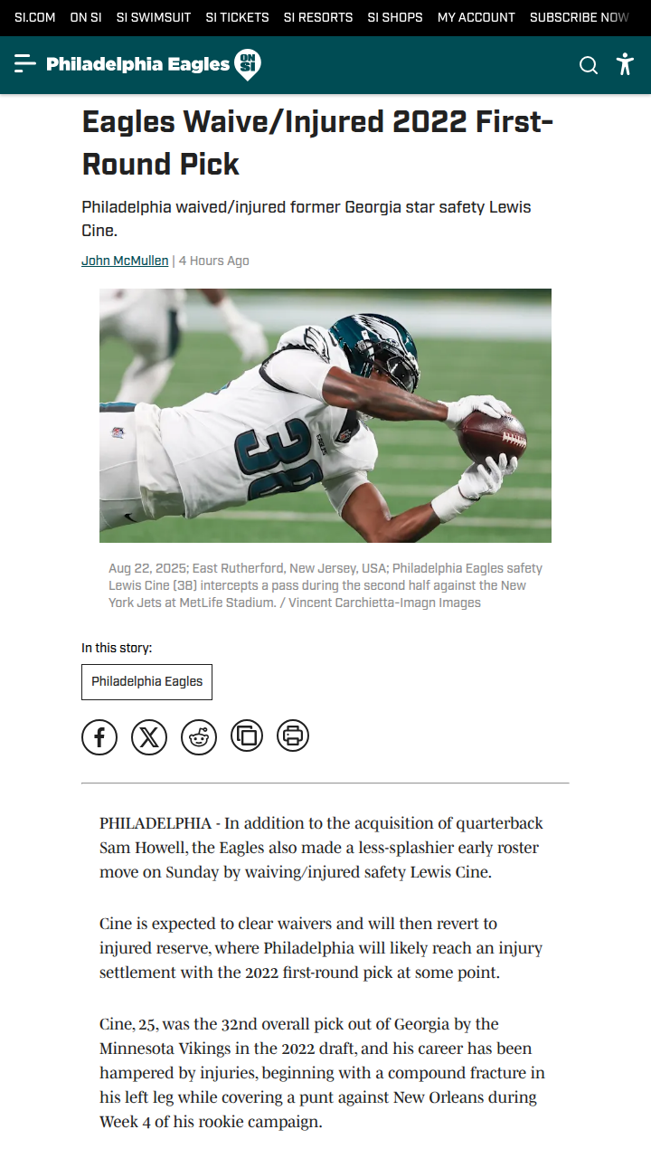 Eagles move on from Lewis Cine after tough break