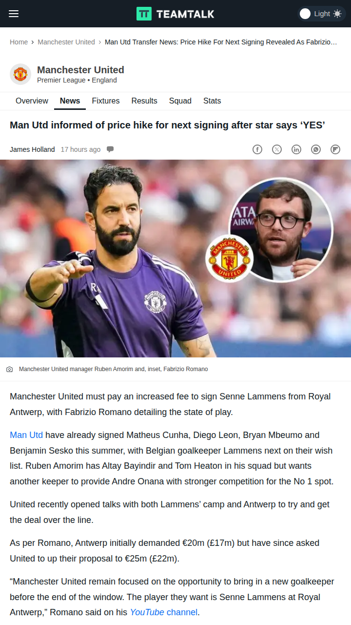 Red Devils Face Price Hike for Lammens Deal