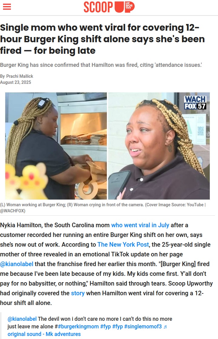 Single mom’s viral Burger King shift ends in firing