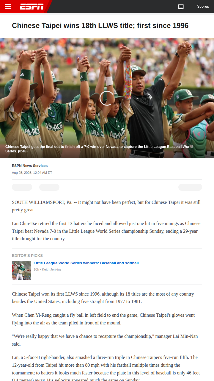 Chinese Taipei ends 29-year LLWS drought