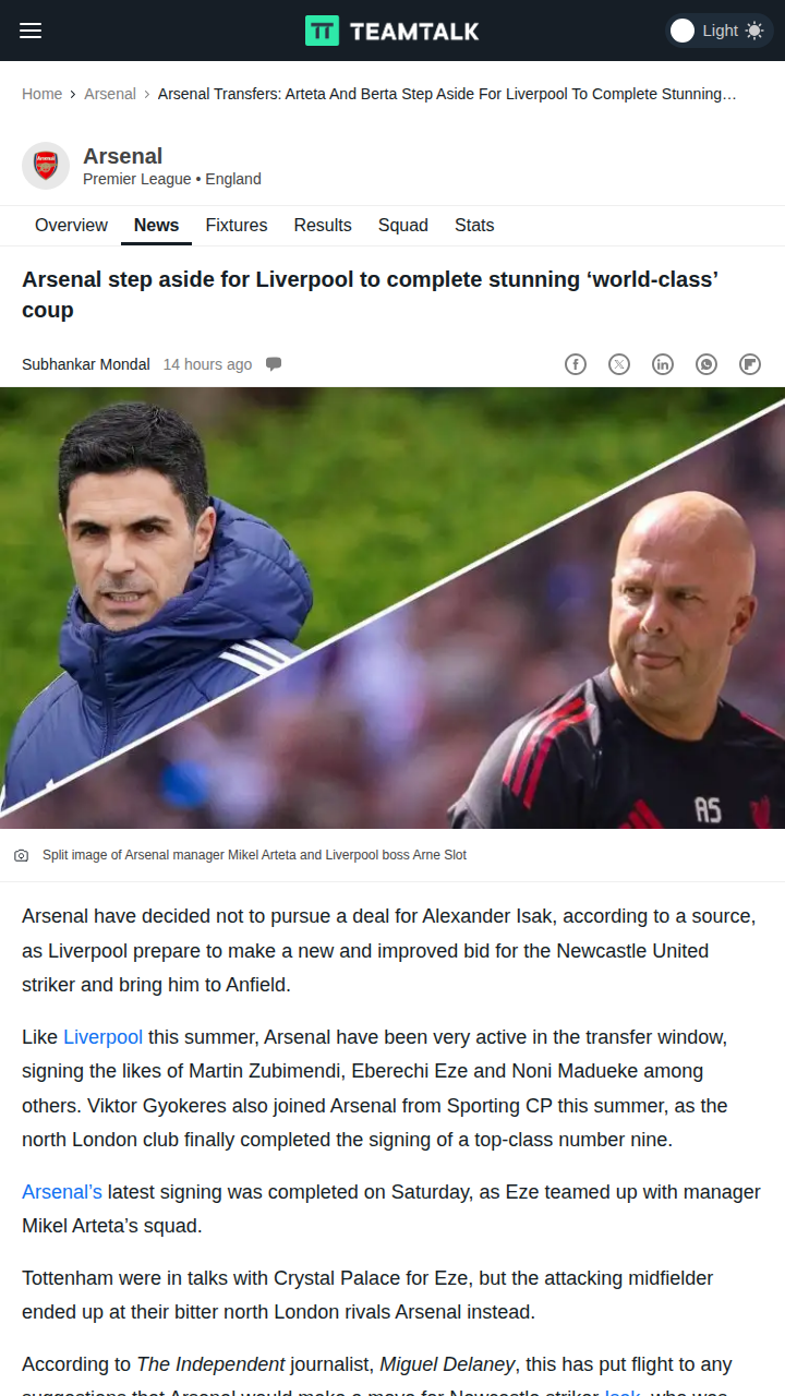 Liverpool Eyes Isak After Arsenal Bows Out