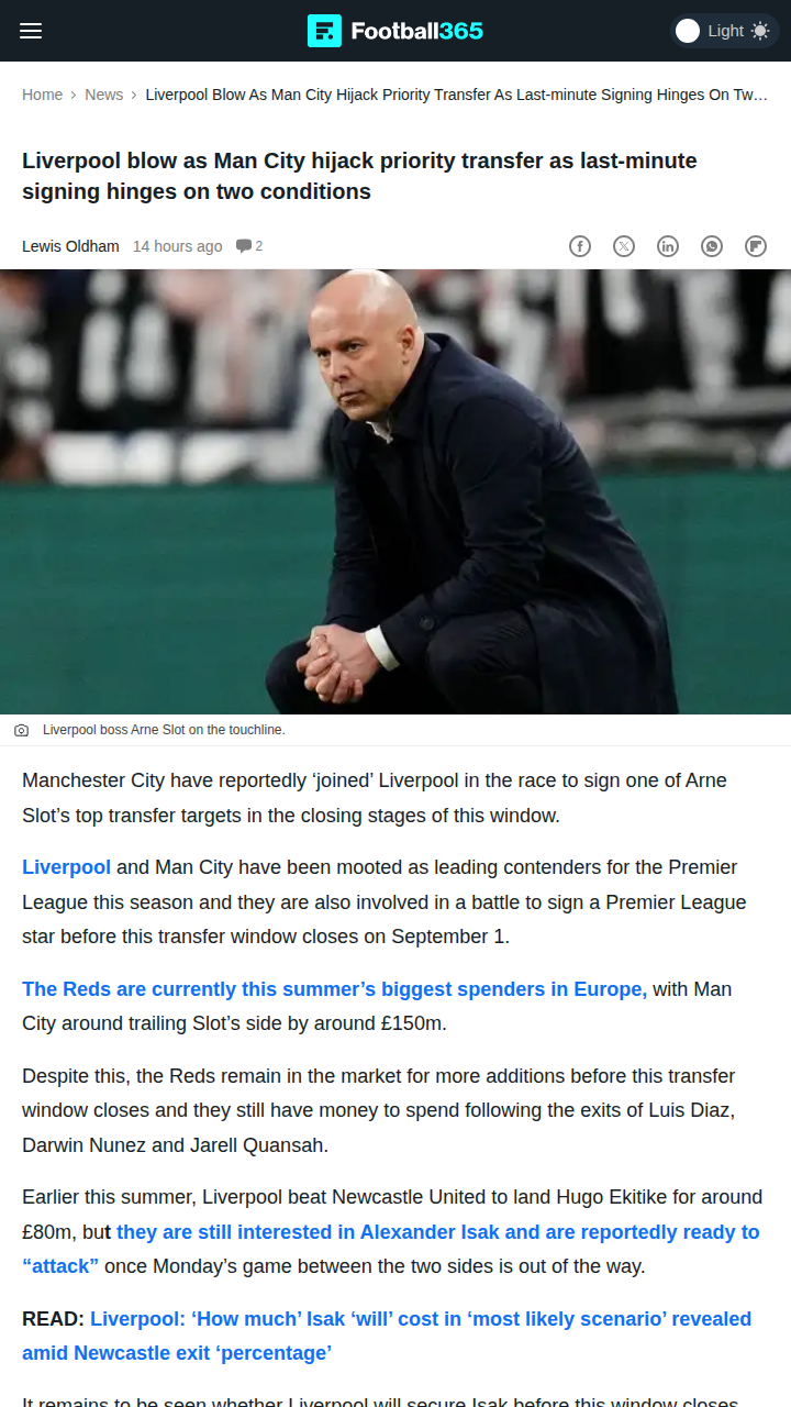 Man City vs Liverpool: Palace Star Transfer War