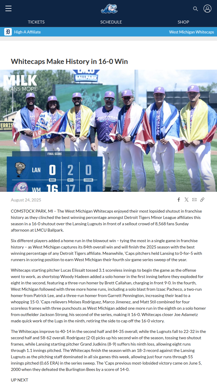 Whitecaps crush Lugnuts in historic 16-0 shutout