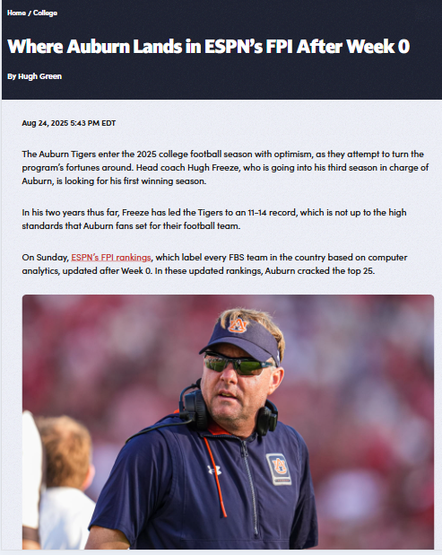 Auburn Football: Tigers Crack ESPN’s Top 25!