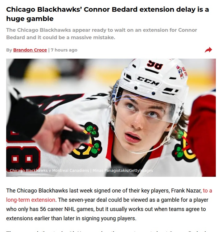 Blackhawks risk losing big with Bedard delay