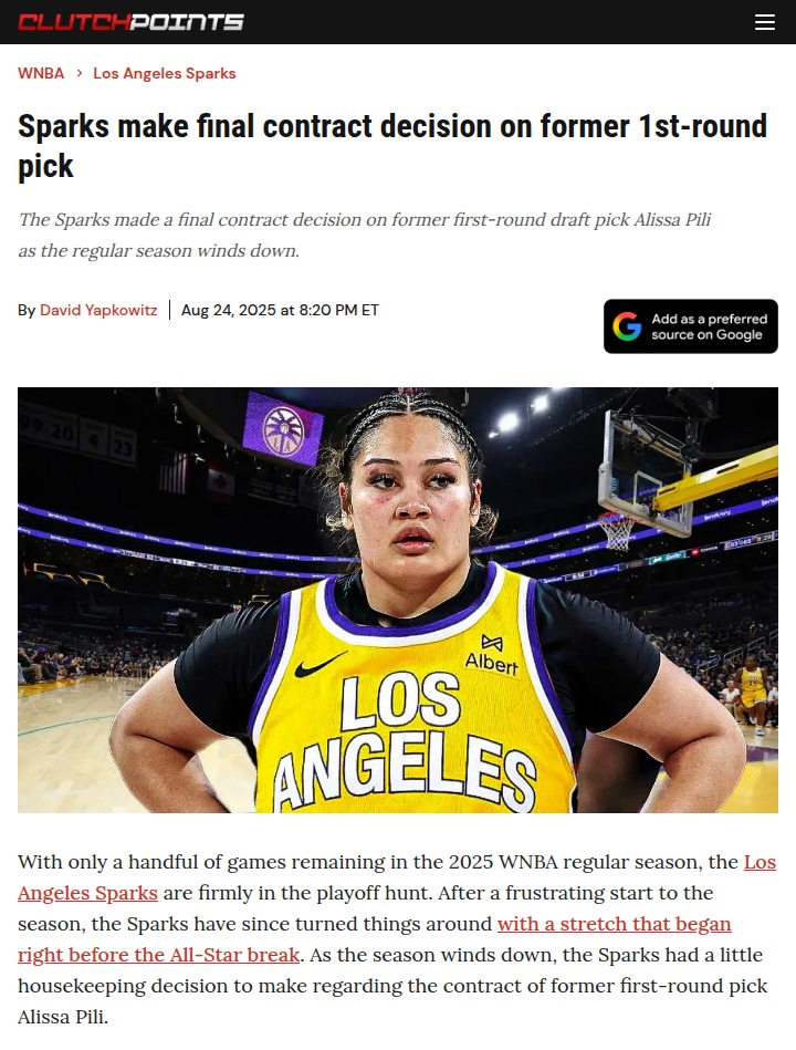 Sparks Lock In Alissa Pili for Playoff Push