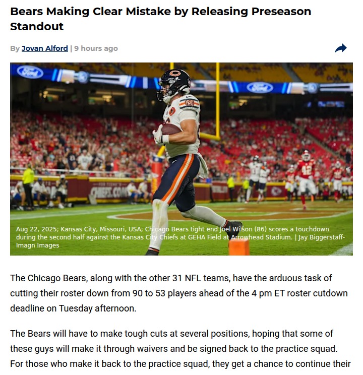 Bears risk losing breakout TE Joel Wilson